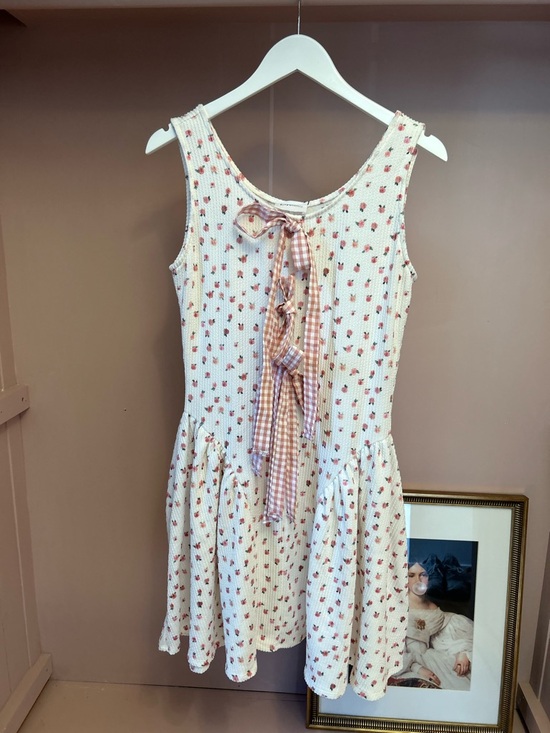 Kori Dresses & Skirts - Kori White Mini Dress with Pink Floral Print and Gingham bows